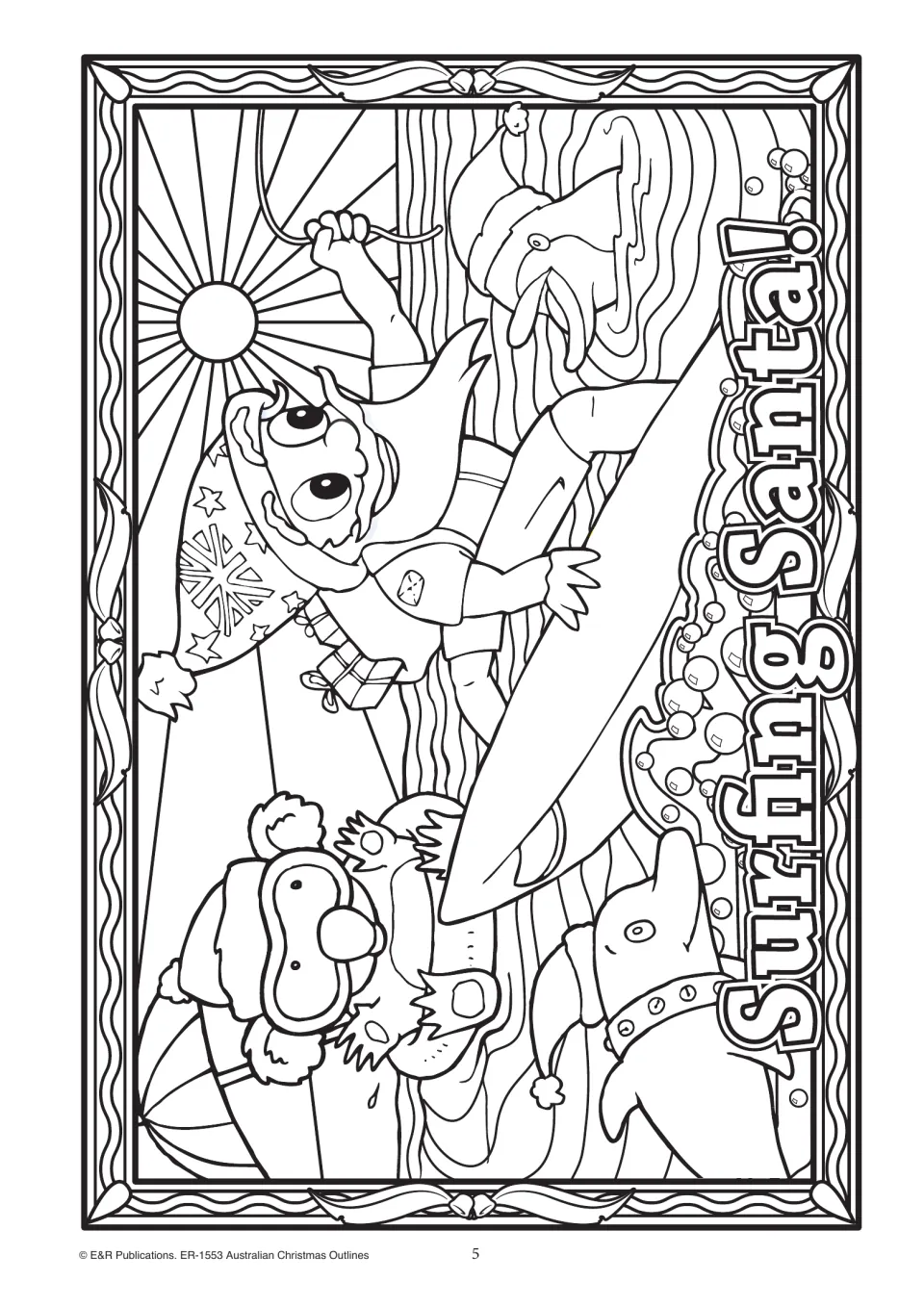 Surfing Santa! outline: Santa in a flag-print hat rides a surfboard past a koala in goggles and a dolphin in the waves