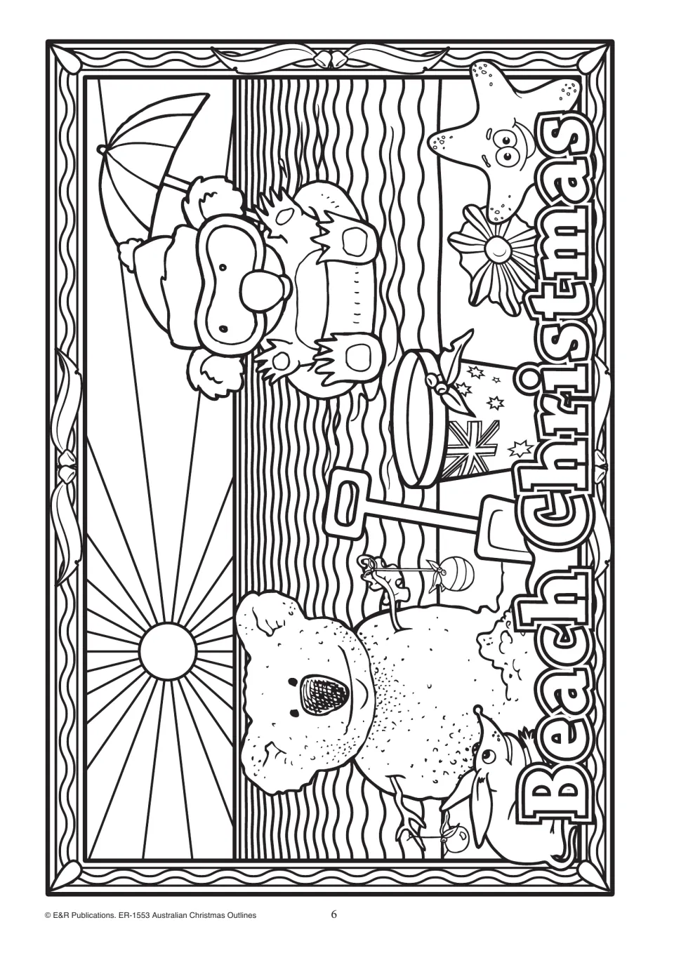 Beach Christmas 1 outline: a koala built from sand watches a goggled koala float in the sea beside a flag-print bucket