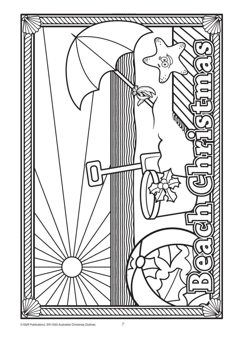 Beach Christmas 2 colouring page: a smiling starfish lies on the sand near a holly-decorated bucket and a big beach ball