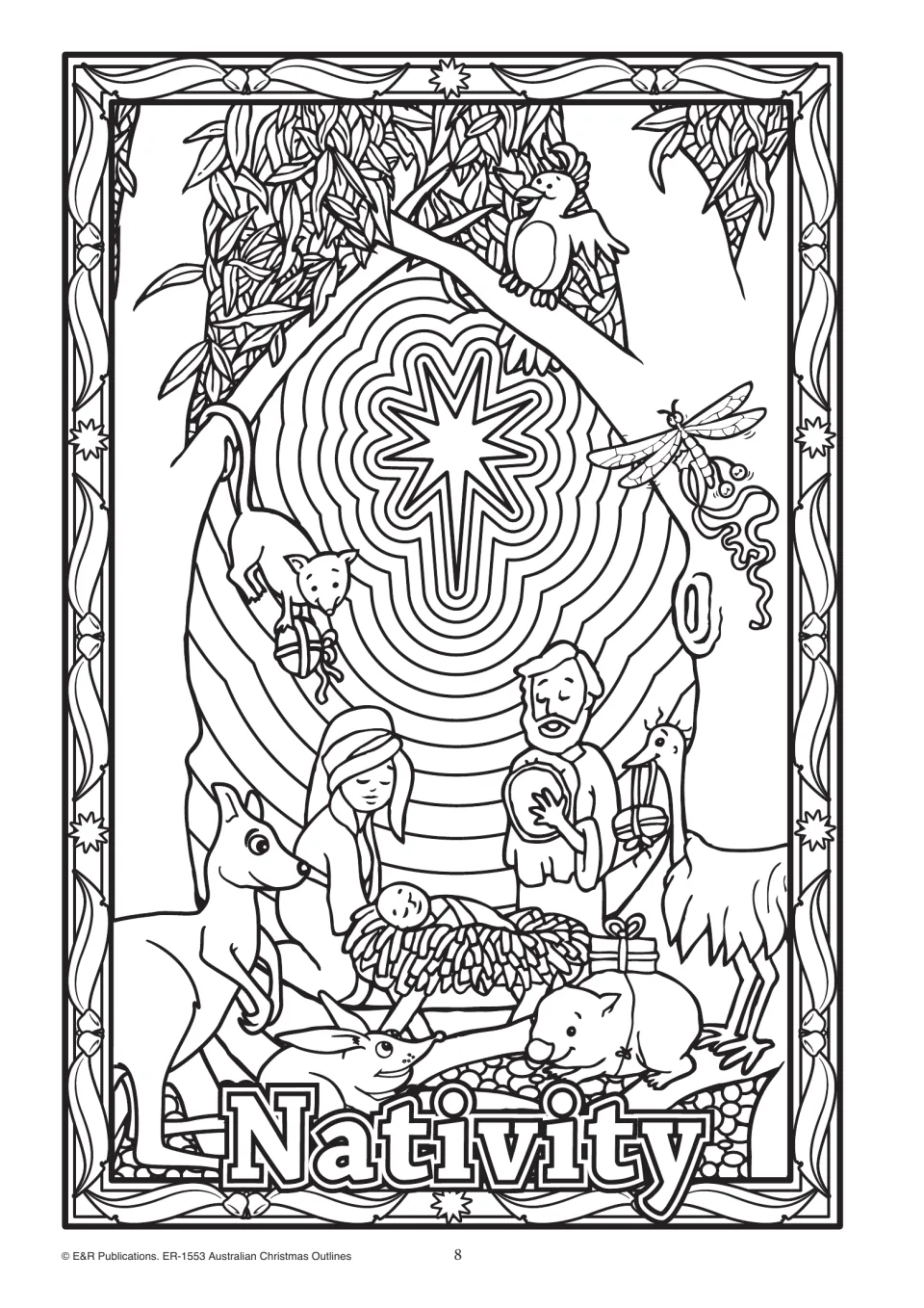Aussie Nativity outline: Mary and Joseph watch baby Jesus under a gum tree and star as a kangaroo and an emu look on