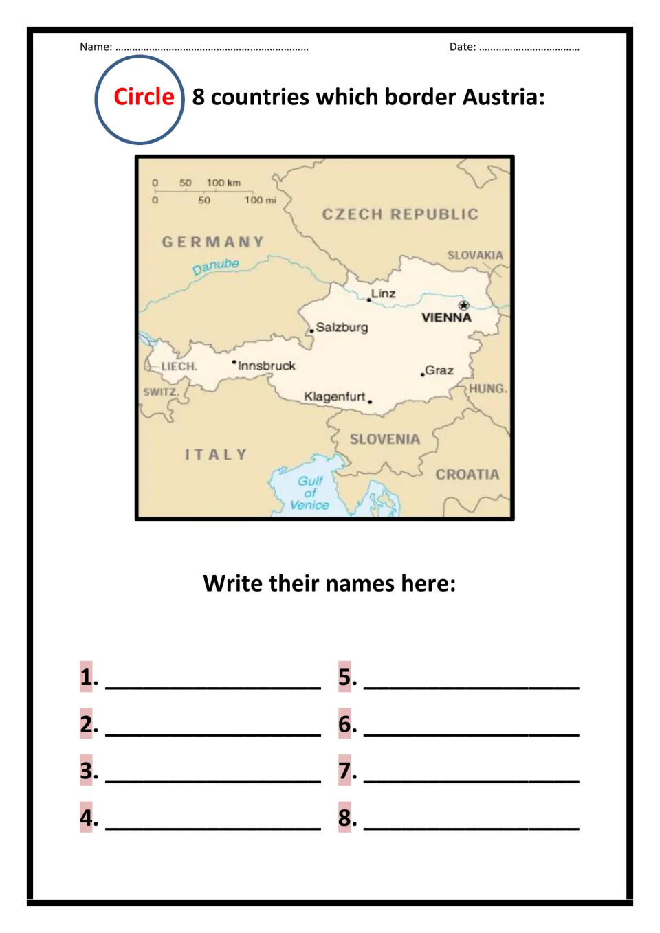 Austria's neighbors: students circle 8 bordering countries on a labeled map, then write their names (map reading)