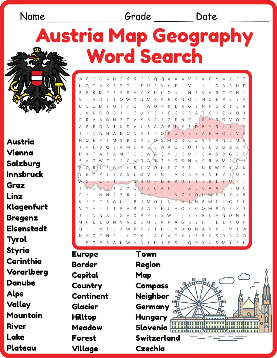 Color Austria geography word search featuring 40 words, including Vienna, Salzburg, Danube, and Alps.