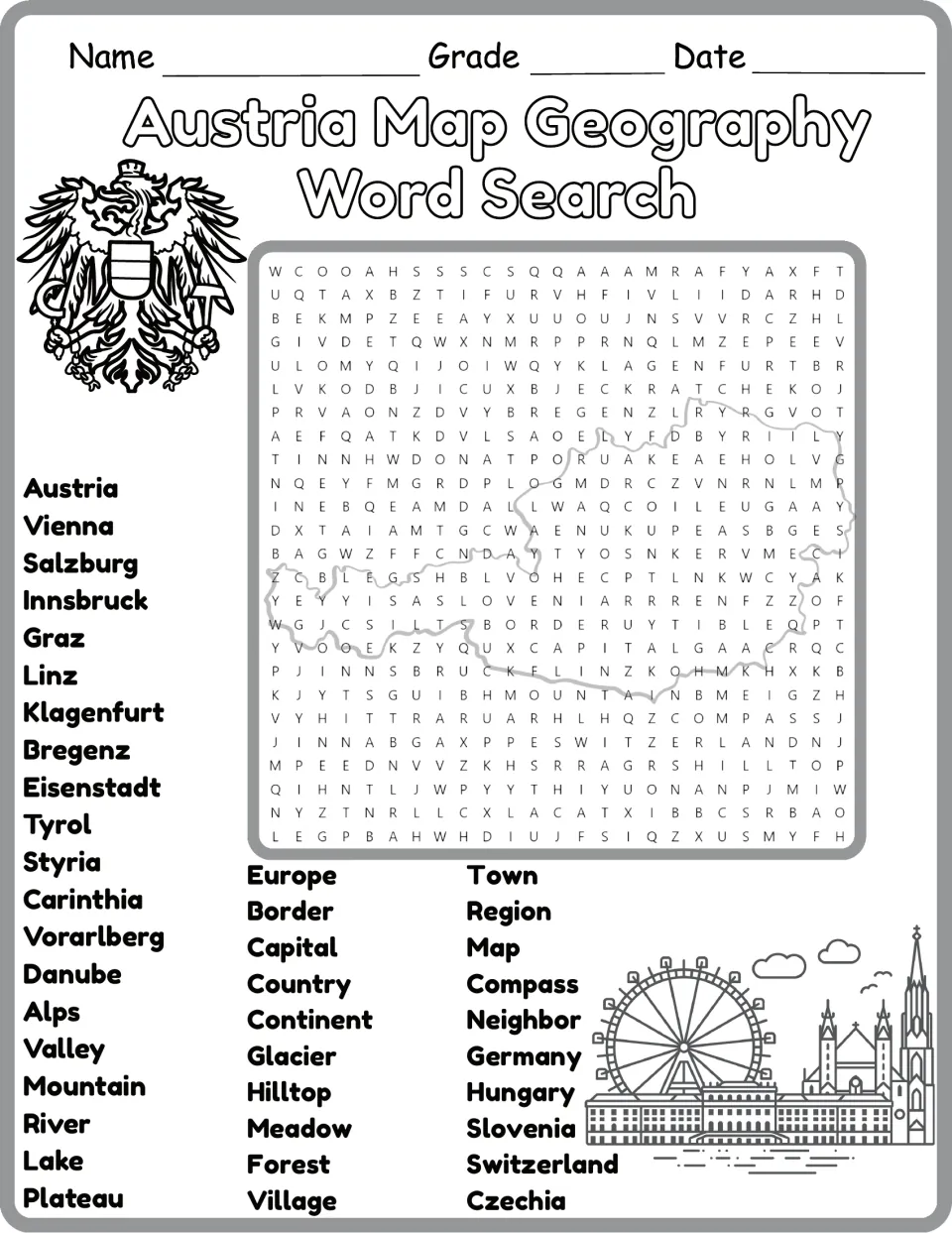 Black-and-white Austria geography word search with 40 words, including Innsbruck, Tyrol, and Carinthia.