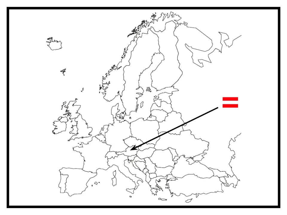 Outline map of Europe with an arrow and a small Austrian flag pointing to Austria's location in central Europe