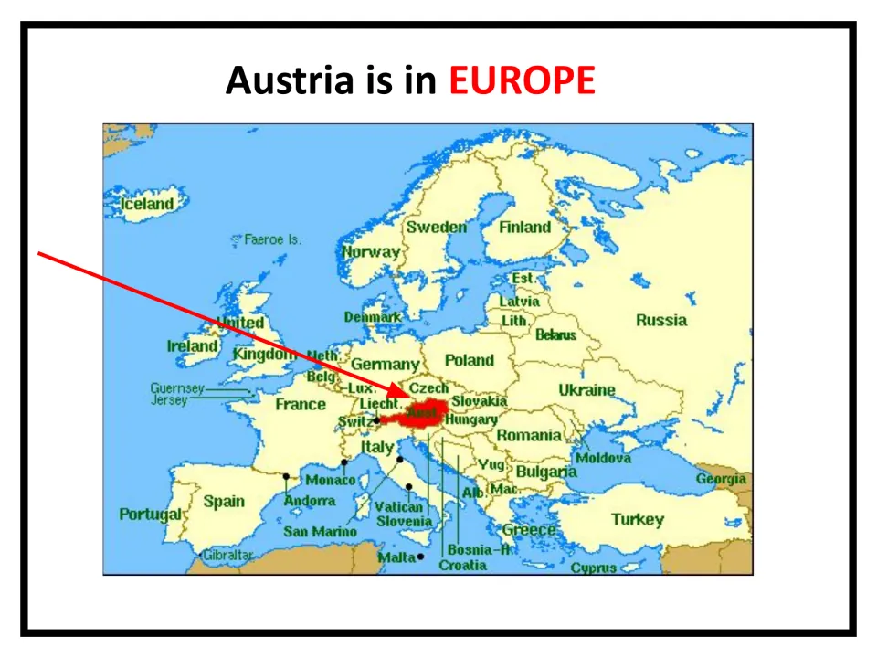 Austria is in Europe: labeled continent map with the country shaded red and a red arrow pointing to it among its neighbors