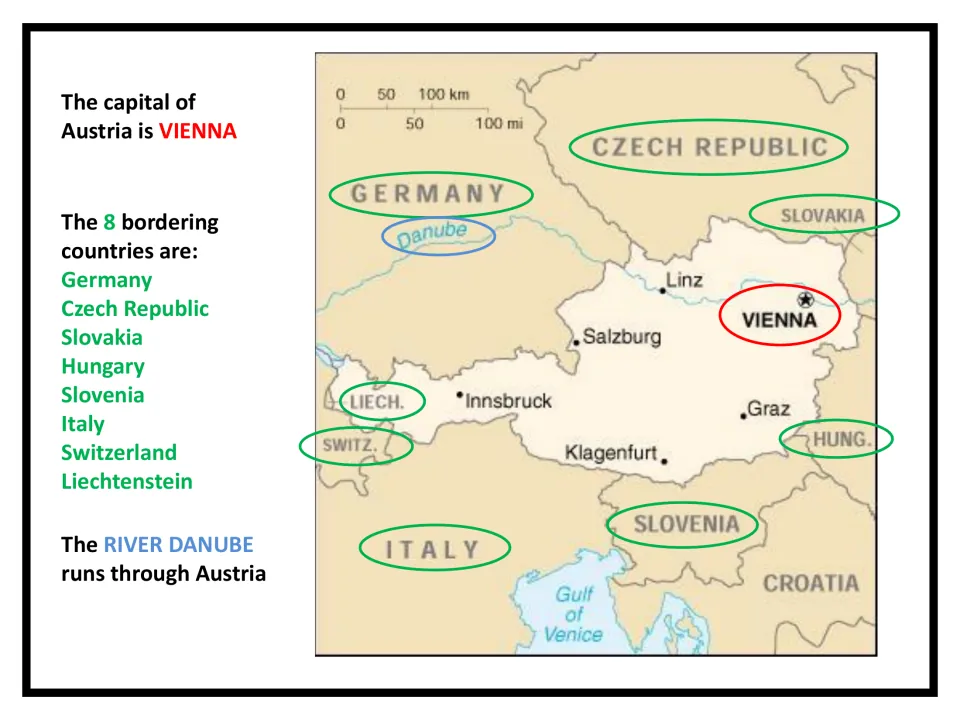 Map of Austria marking Vienna as the capital, circling the 8 bordering countries and the Danube, plus Linz and Graz