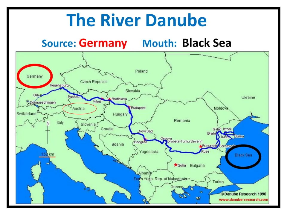 Danube route map: river traced from its source in Germany past Bratislava and Budapest to its mouth at the Black Sea