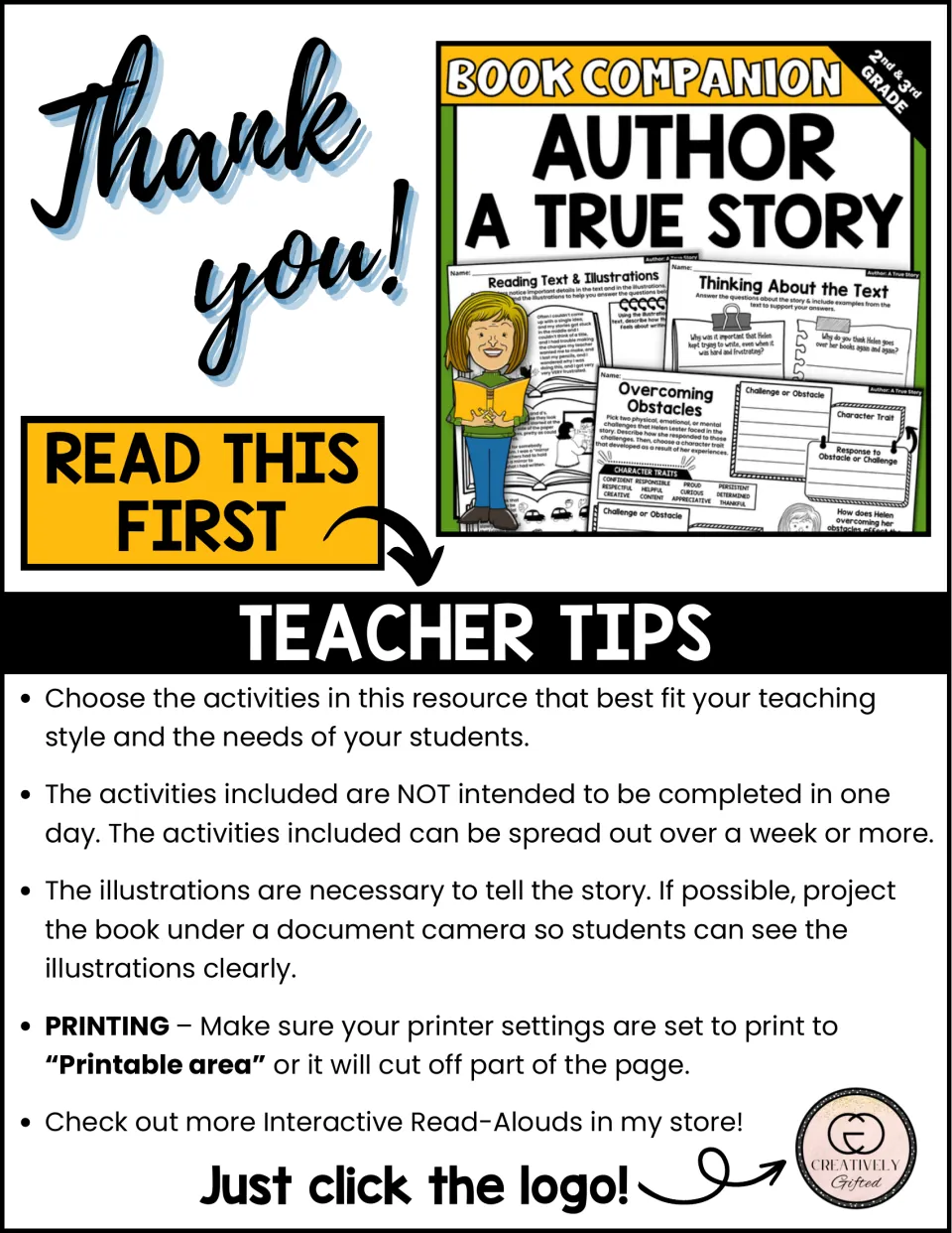 Read This First teacher tips: choose activities to fit your students, spread them over a week, project the book, print