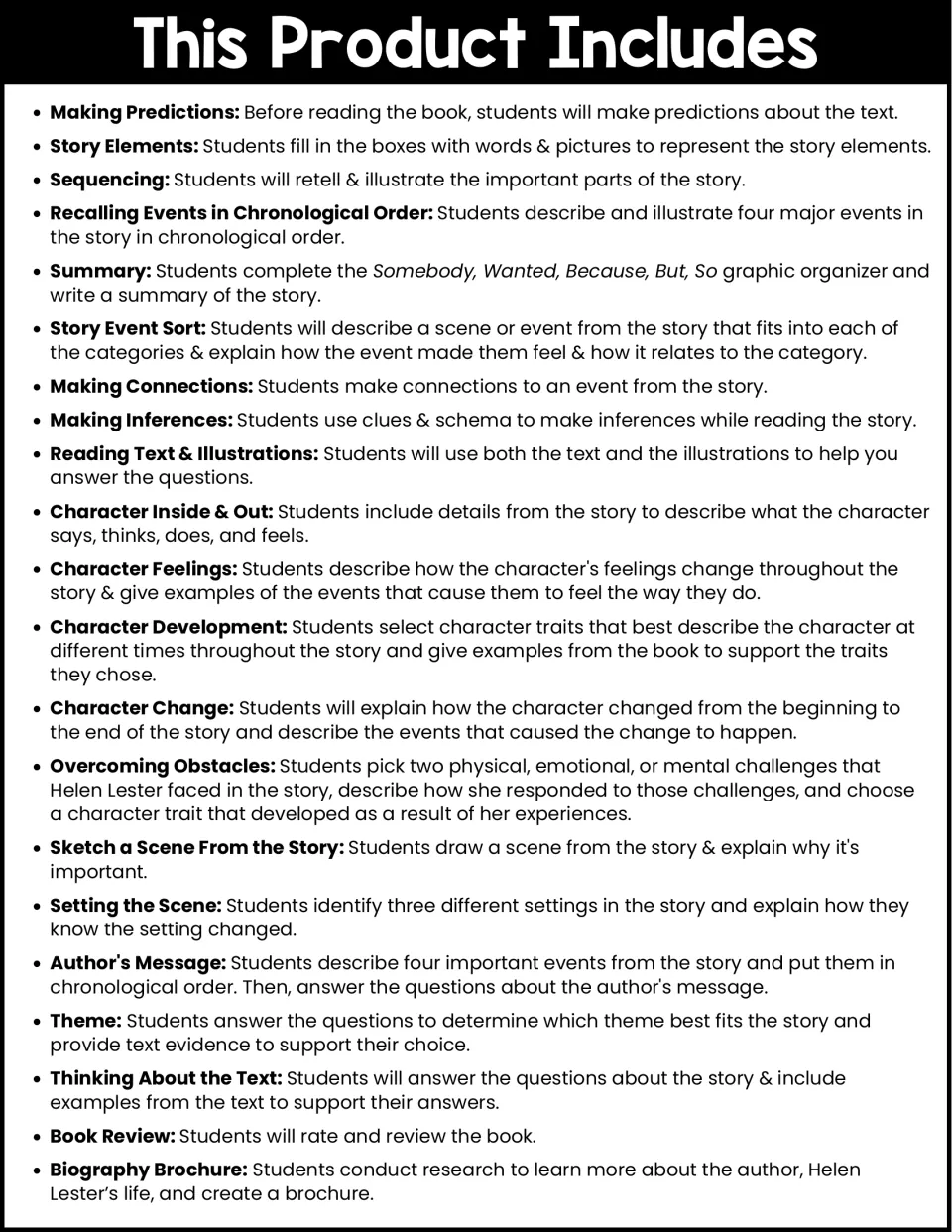 List of 21 included activities, from Making Predictions and Story Elements to Book Review and Biography Brochure