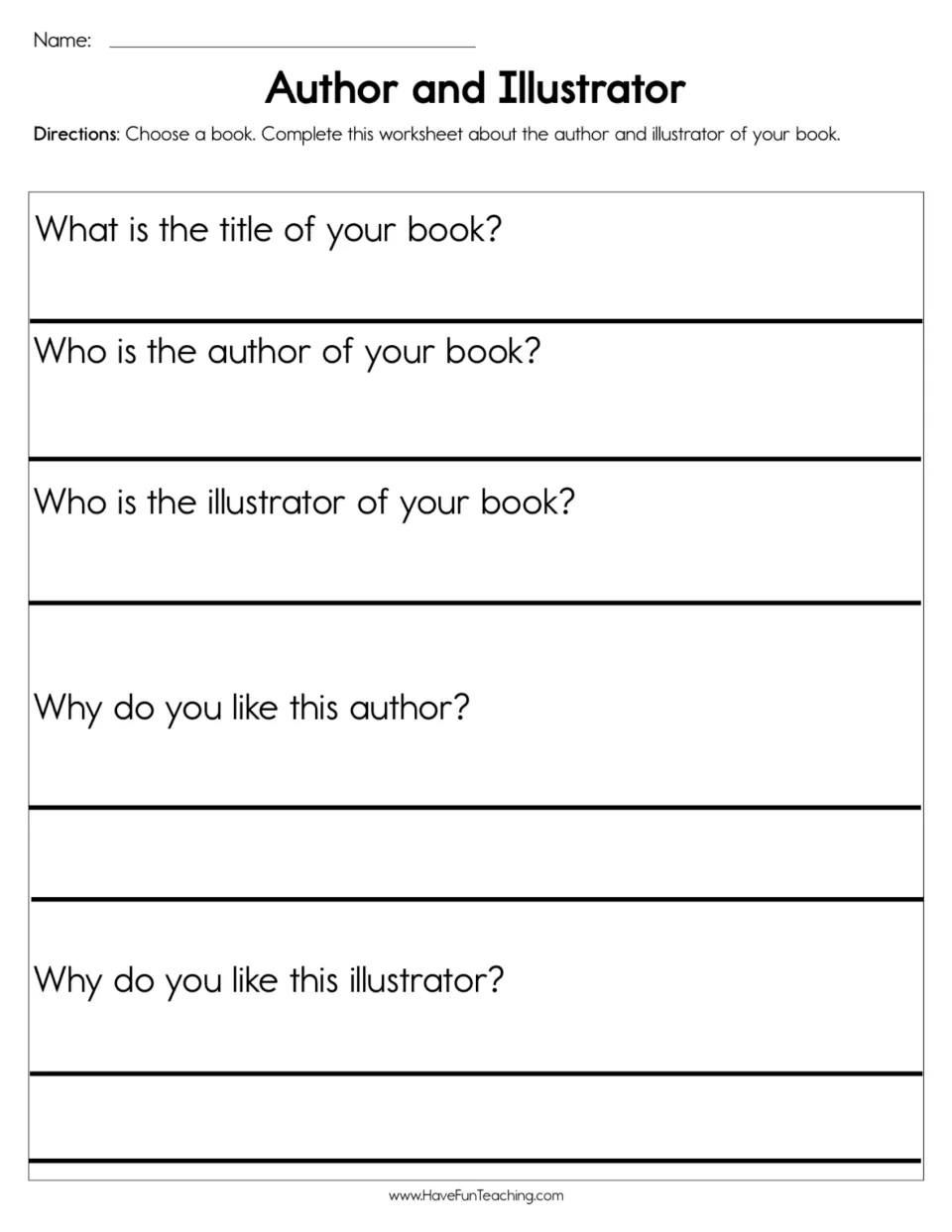 Author and illustrator book response: students pick a book, write its title, author and illustrator, and why they like each