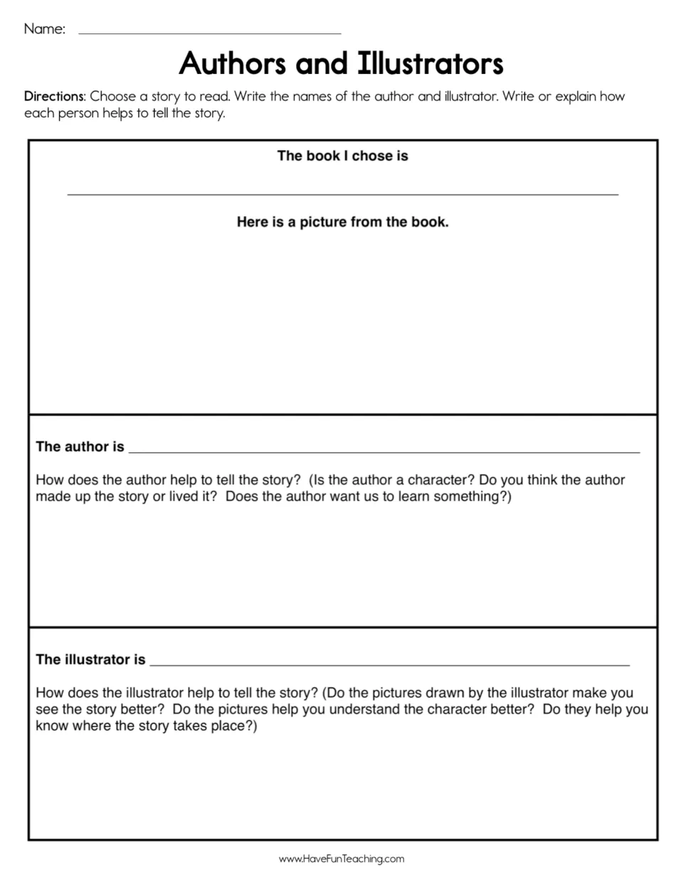 Reading response worksheet: name a book, its author and illustrator, and explain how each tells the story.