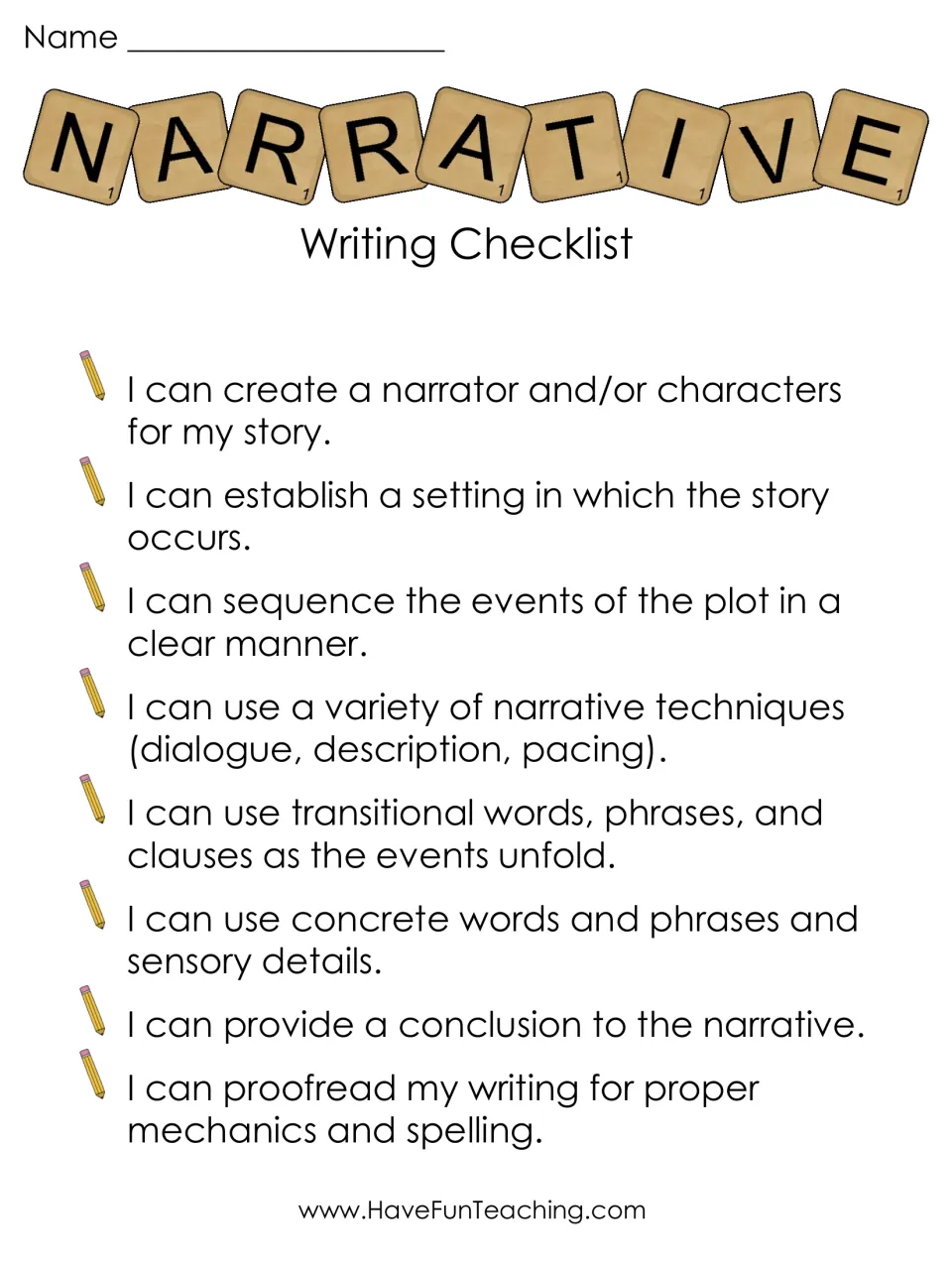 Narrative writing checklist in color: 8 I can statements on characters, setting, plot order, dialogue and proofreading