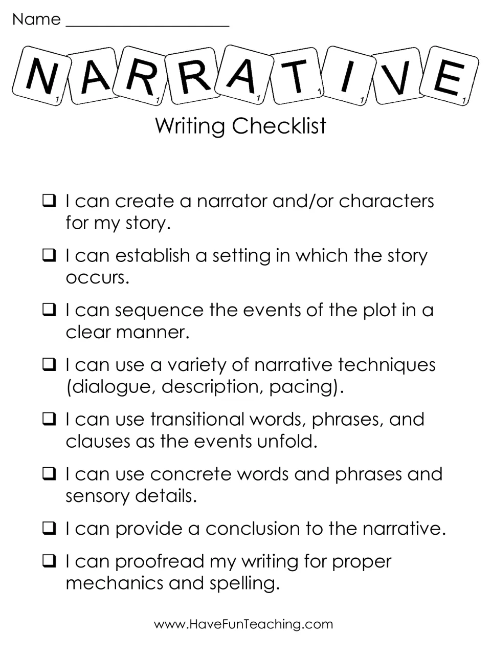 Narrative checklist in black and white: students check off setting, transitions, sensory details and a conclusion