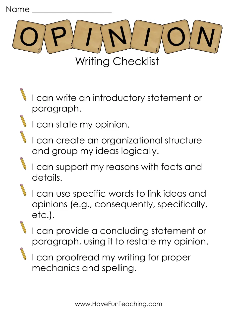 Opinion writing checklist in color: 7 I can statements on stating an opinion, supporting reasons and a closing restatement