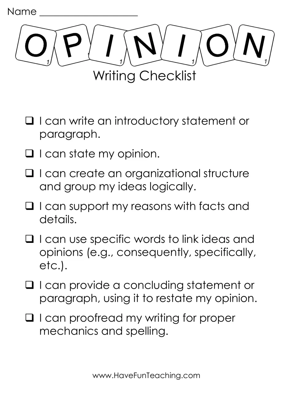 Opinion checklist in black and white: students check off an introduction, facts and details, linking words and proofreading