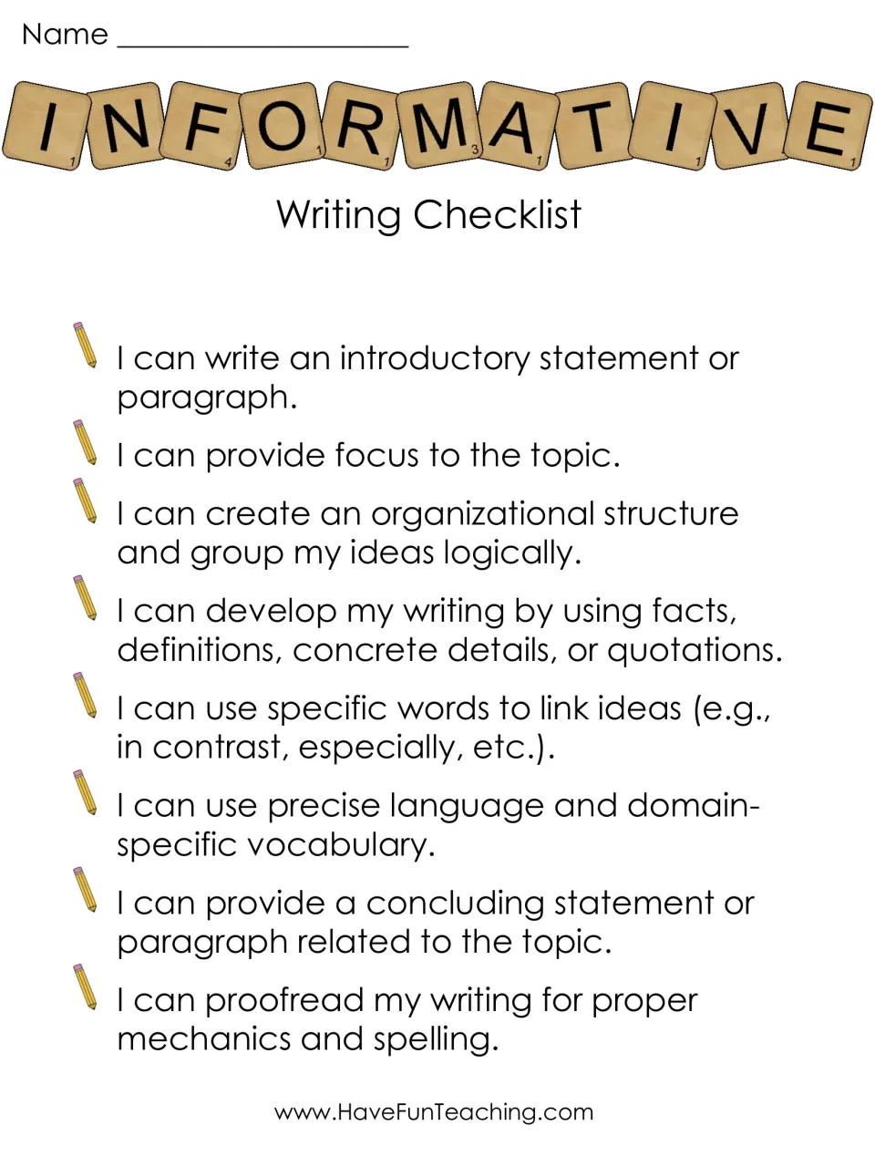 Informative writing checklist in color: 8 I can statements on topic focus, facts and quotations, precise vocabulary