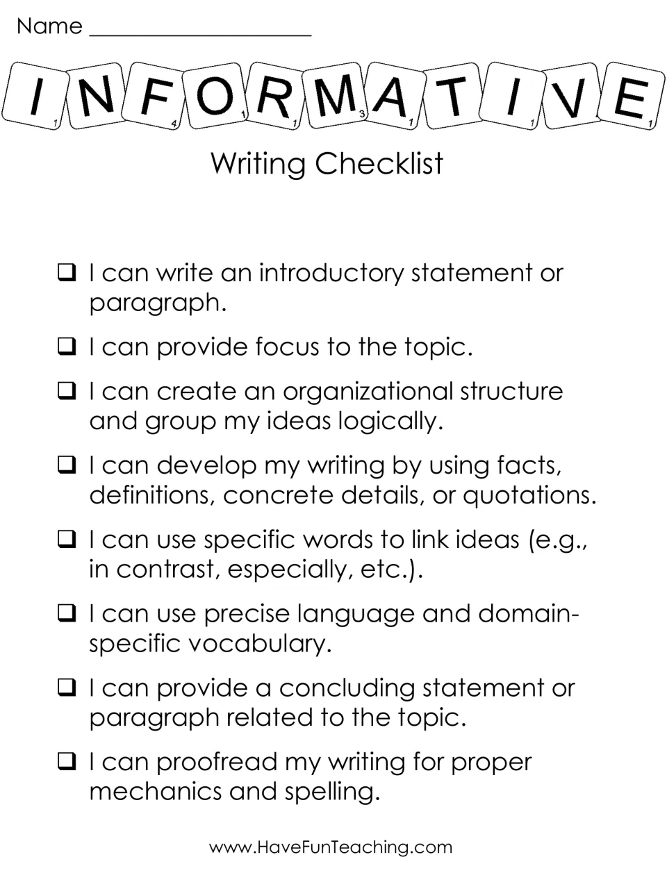 Informative checklist in black and white: students check off structure, linking words, domain vocabulary and a conclusion