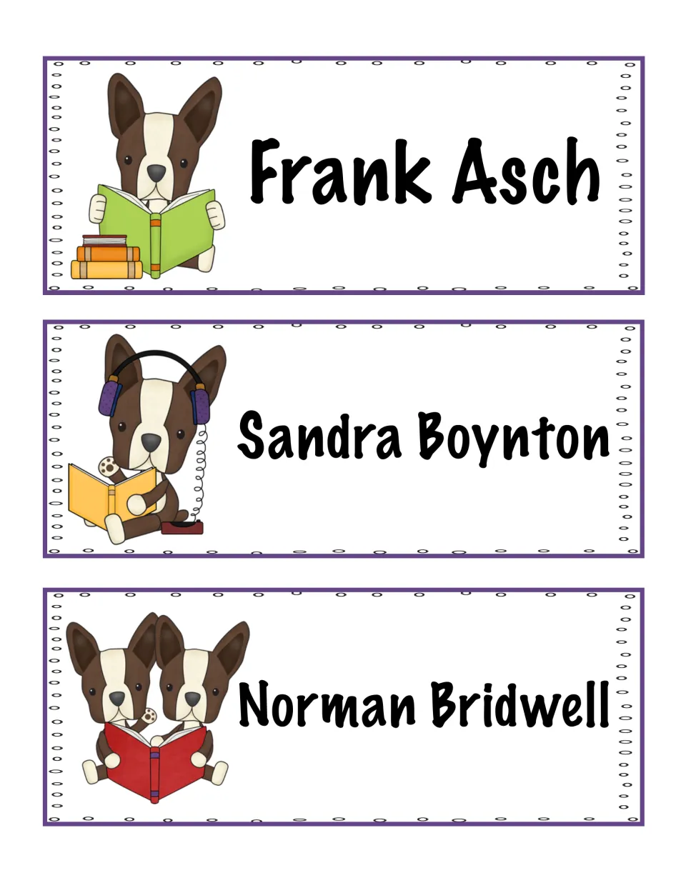 Author cards for Frank Asch, Sandra Boynton and Norman Bridwell: students pick one author's books to read and discuss
