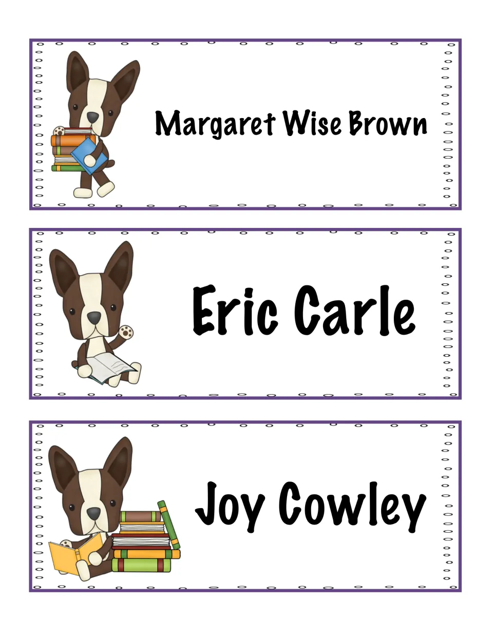Author cards for Margaret Wise Brown, Eric Carle and Joy Cowley; students choose one and research that author's books