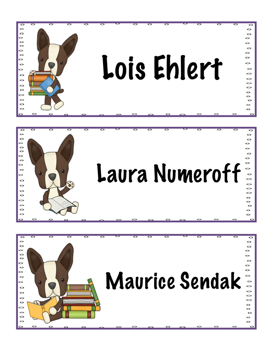 Author cards for Lois Ehlert, Laura Numeroff and Maurice Sendak, picture book authors students can pick to research