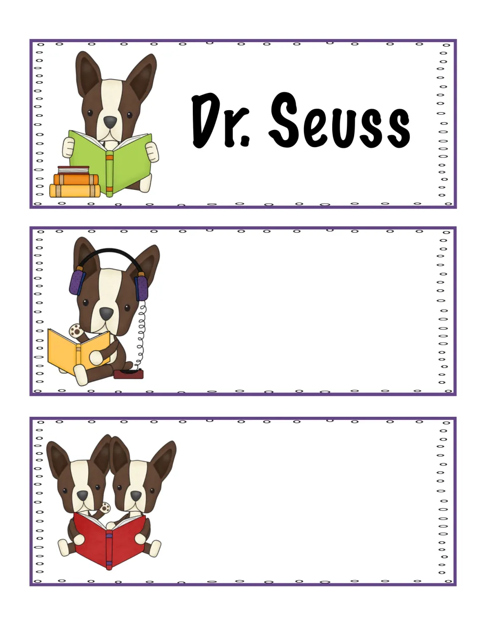 Dr. Seuss author card plus two blank author cards with reading dogs, ready for adding other authors to research