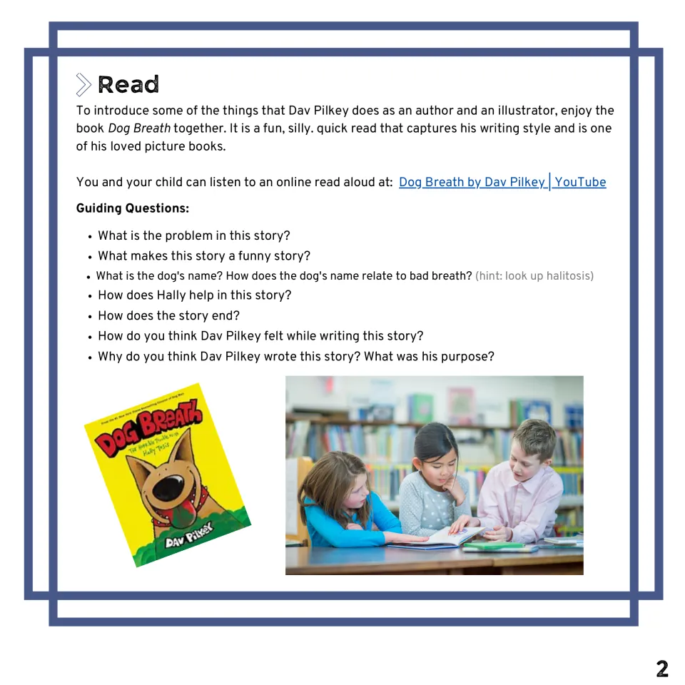 Read-aloud of Dog Breath: students discuss the problem, the humor, the dog's name and the ending