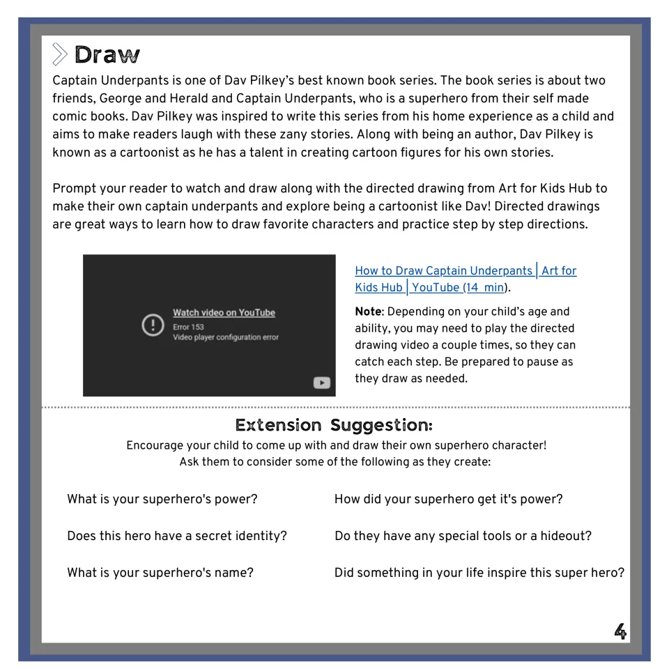 Guided drawing of Captain Underpants, plus an extension where students invent their own superhero