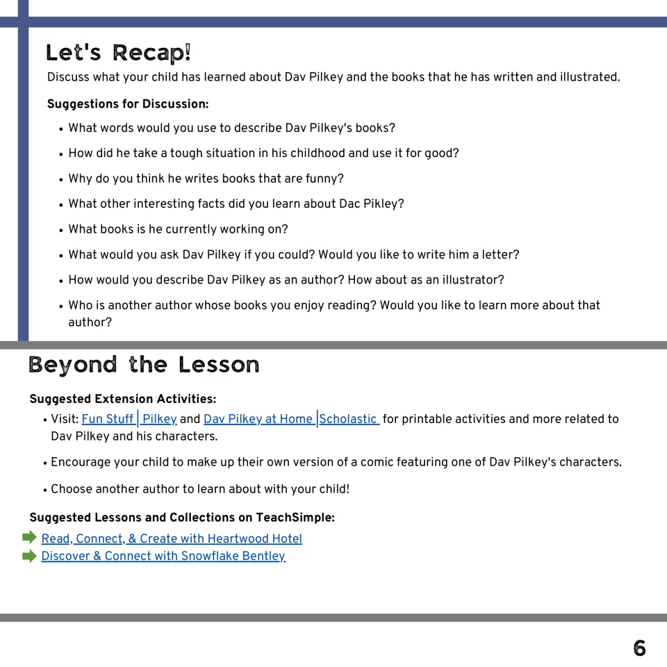 Lesson recap questions about Dav Pilkey's books and childhood, plus extension ideas such as making a comic