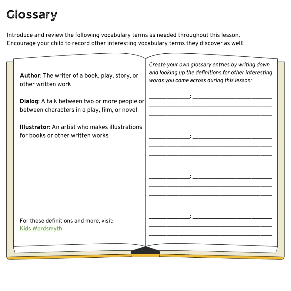 Glossary defining author, dialog and illustrator, with blank entries for students' own new words
