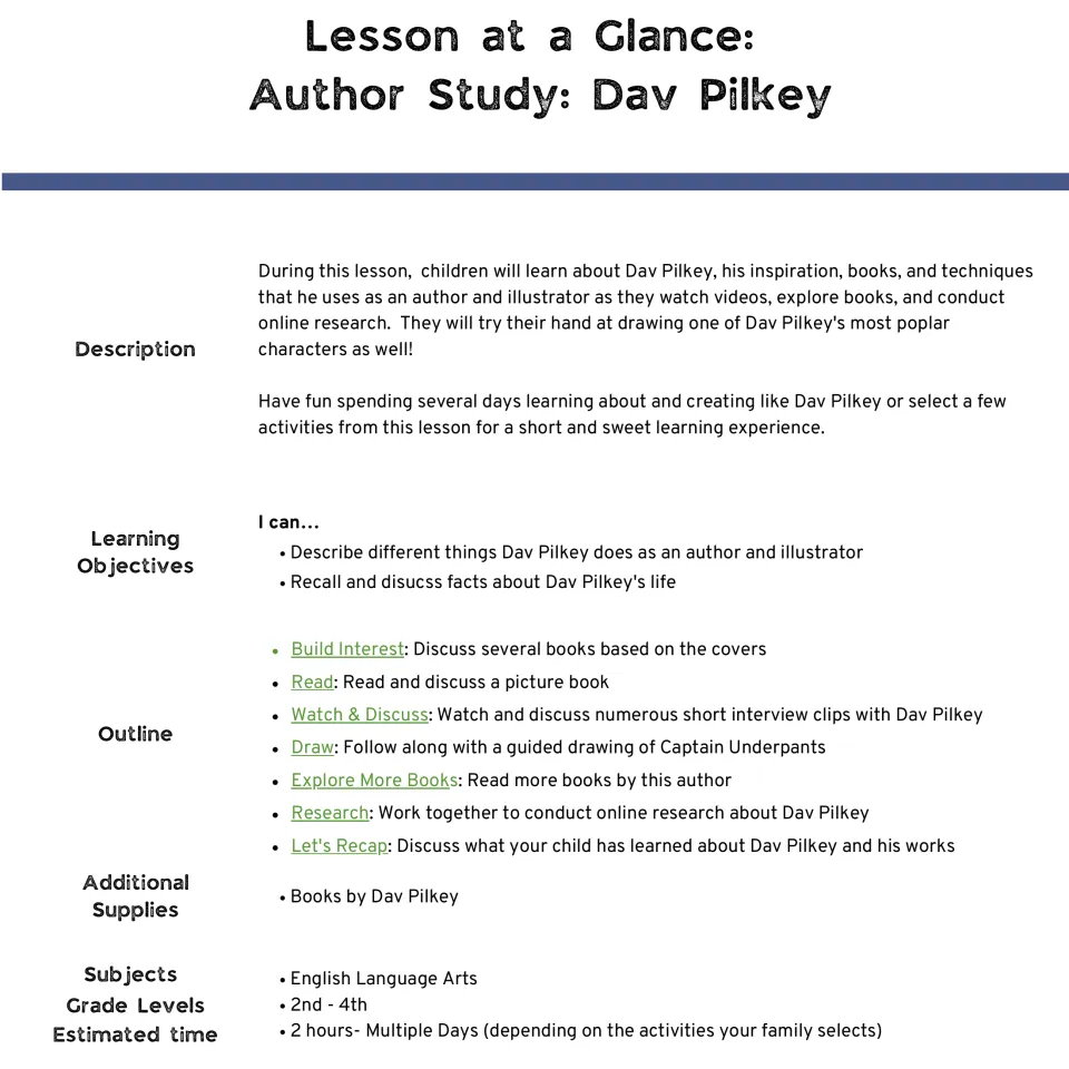 Lesson at a glance: description, I can objectives, seven-part outline, supplies and estimated time