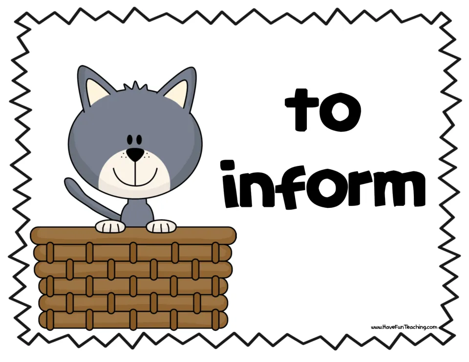 'To inform' sorting header card with a gray cat in a basket; students place fact cards about cats under this purpose