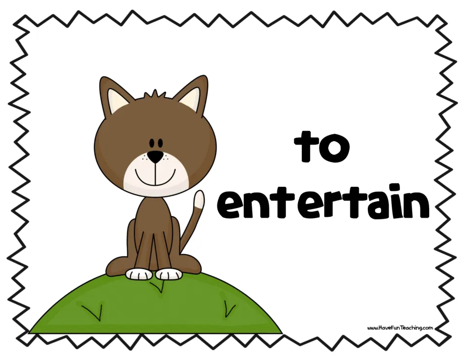 'To entertain' sorting header card with a brown cat on a hill; students sort silly made-up cat sentences under it