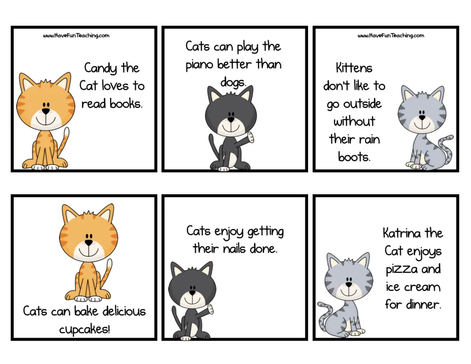 Six silly cat sentence cards to sort as entertaining, such as cats play piano better than dogs and bake cupcakes