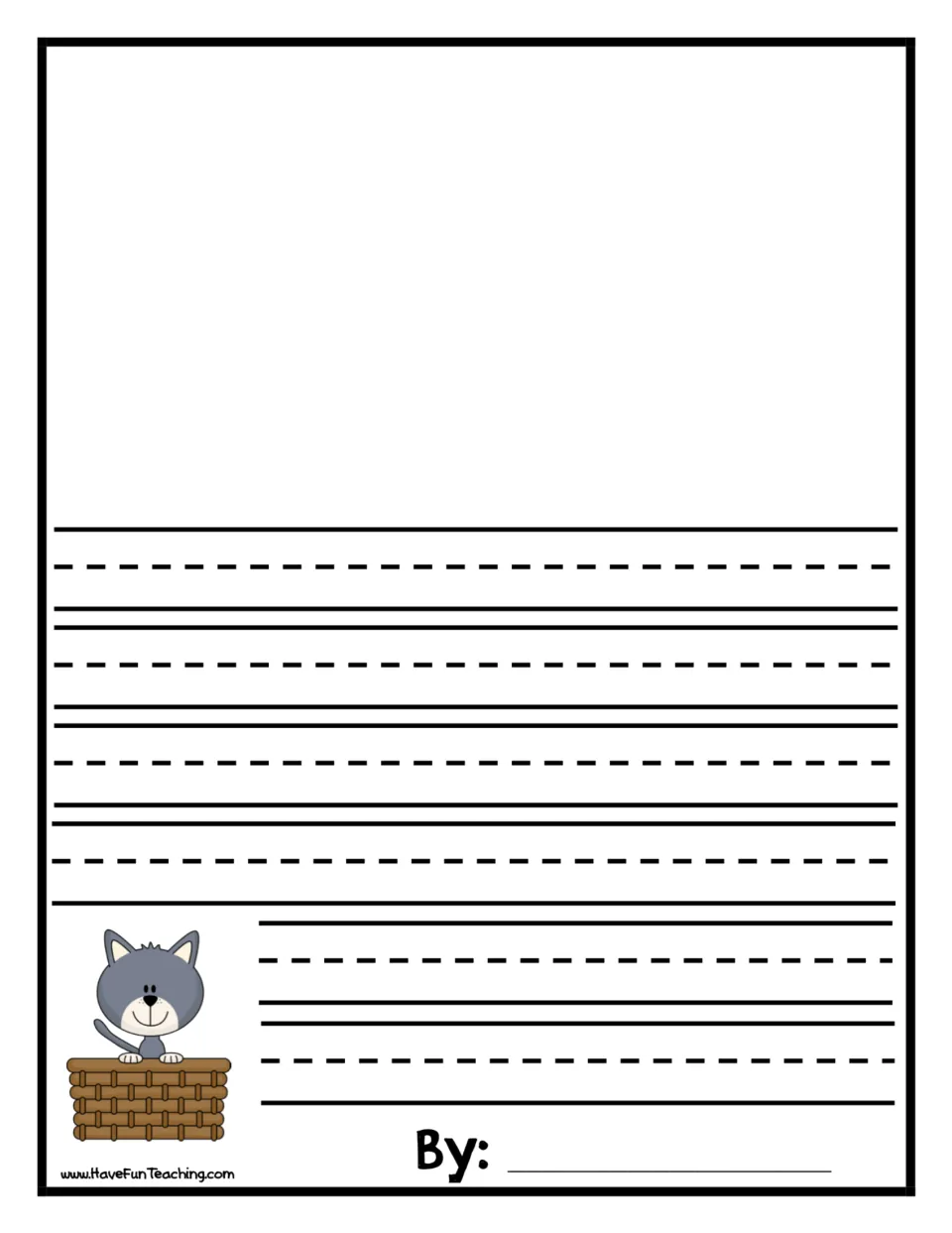 Writing page for a student's own piece to inform or entertain, with space to draw a picture and a By: spot to sign