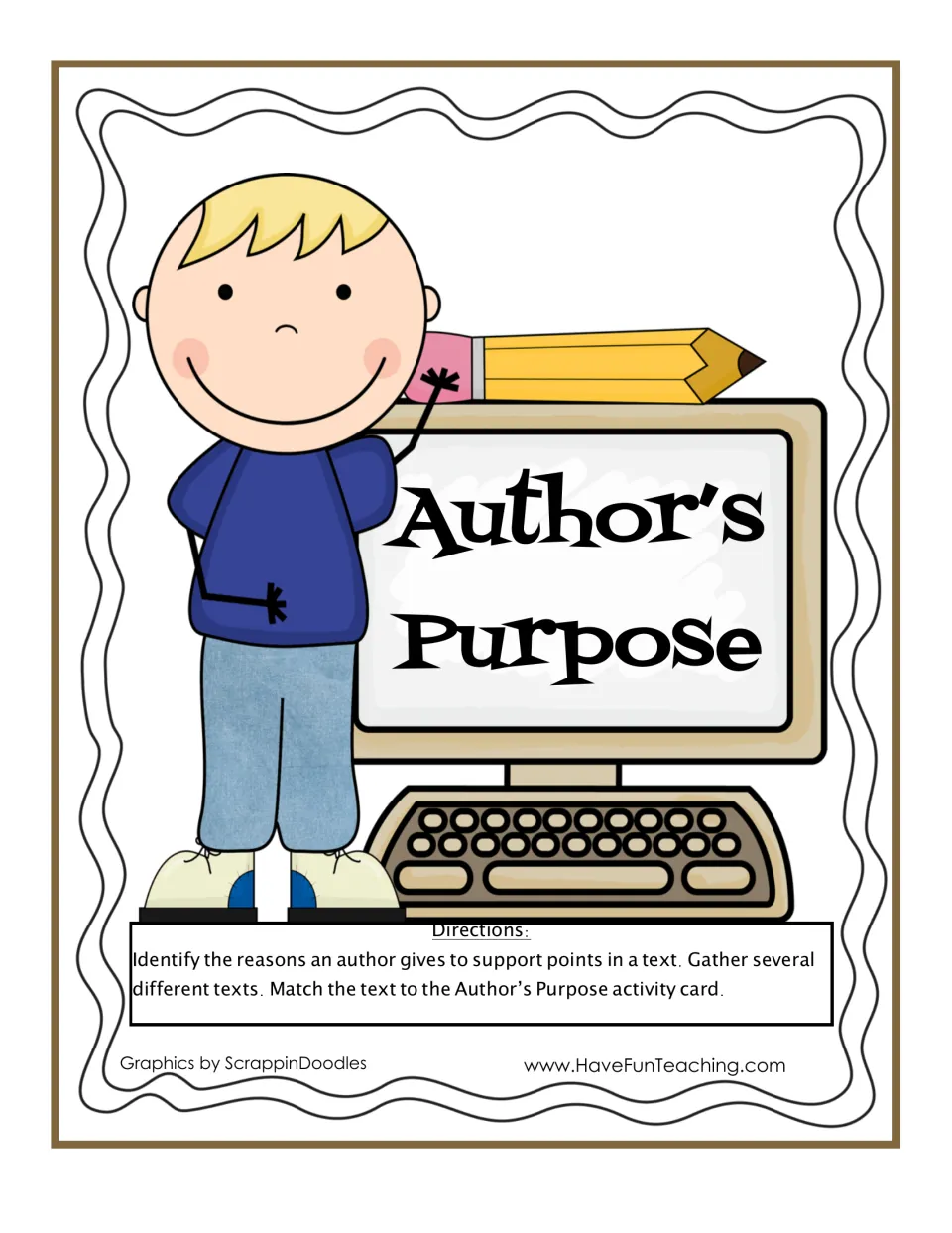 Author's Purpose cover with directions: gather several texts and match each one to an author's purpose activity card