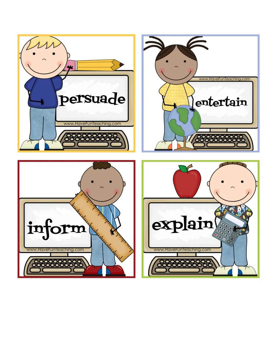 Purpose cards for persuade, entertain, inform and explain, each word on a cartoon computer screen for text matching