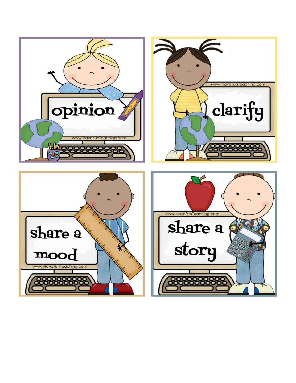 More purpose cards: opinion, clarify, share a mood and share a story, for sorting texts by why the author wrote them