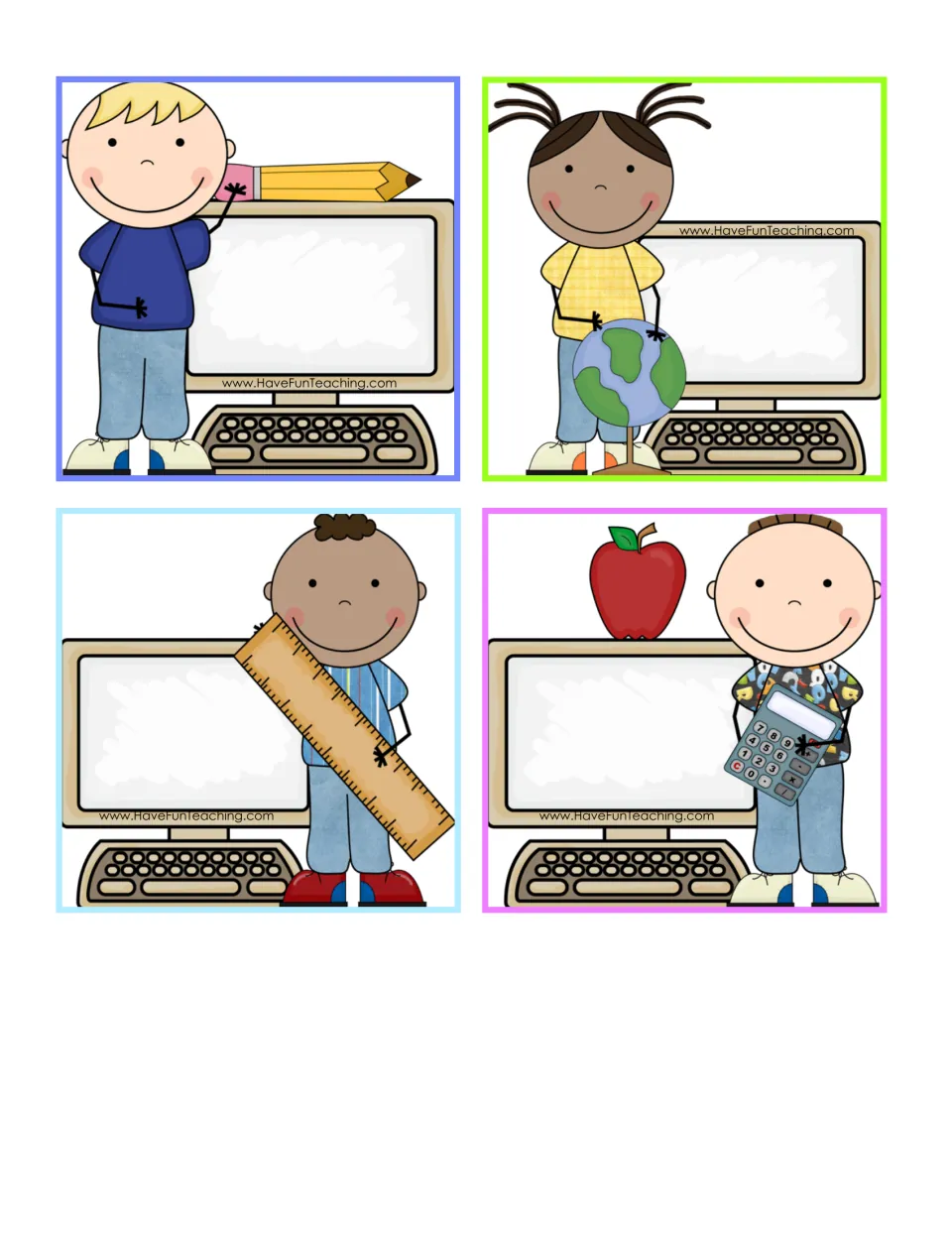 Four blank author's purpose cards with empty computer screens where students or teachers write their own purpose word