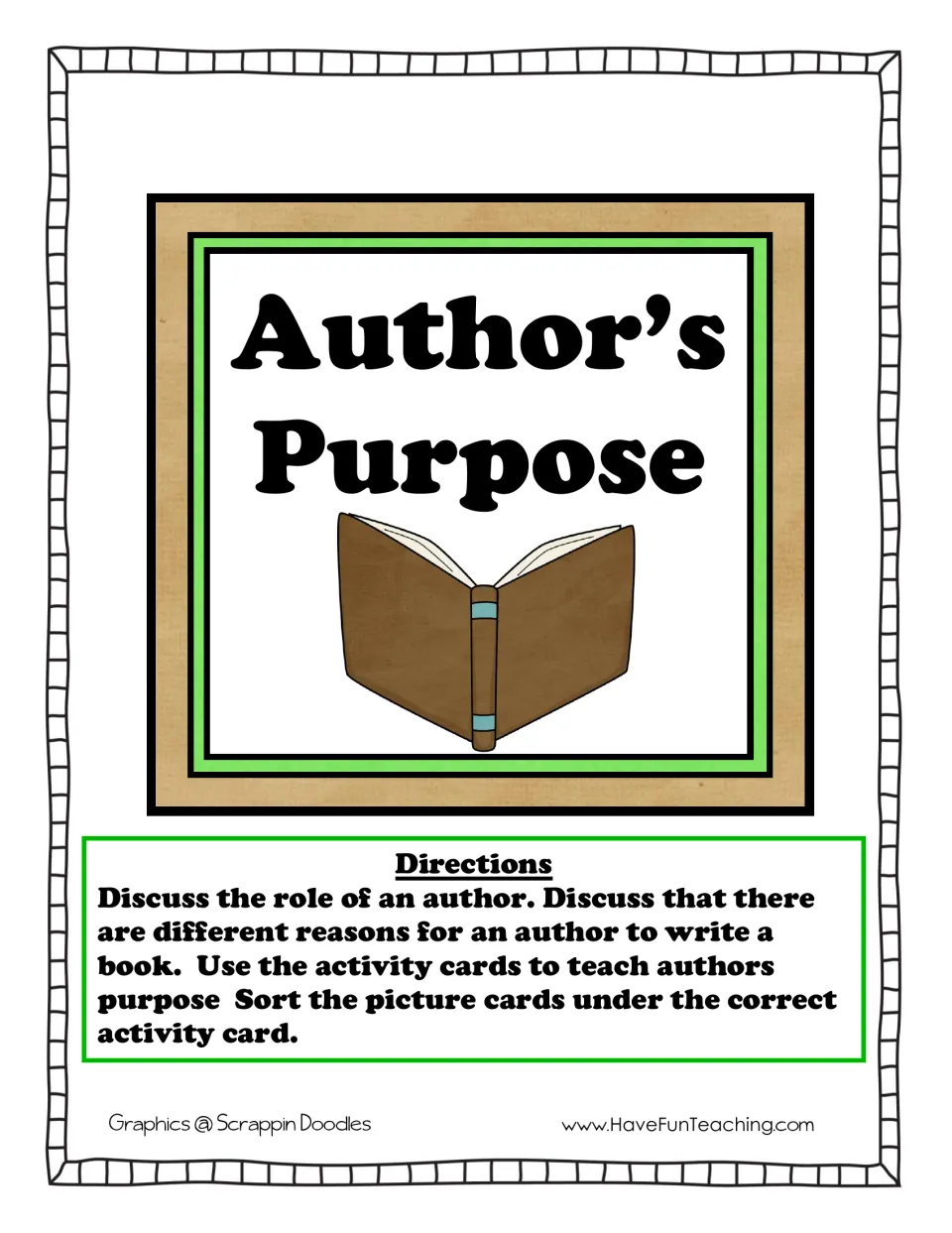 Author's Purpose cover with directions to discuss why authors write, then sort picture cards under the matching card