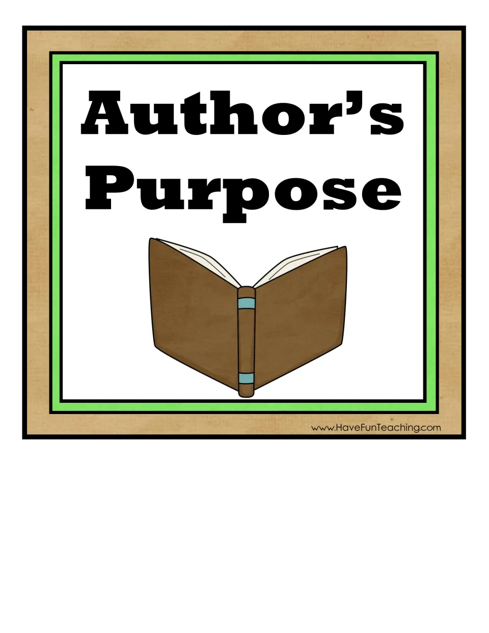 Author's Purpose header card with an open book illustration, used as the title label for the sorting display