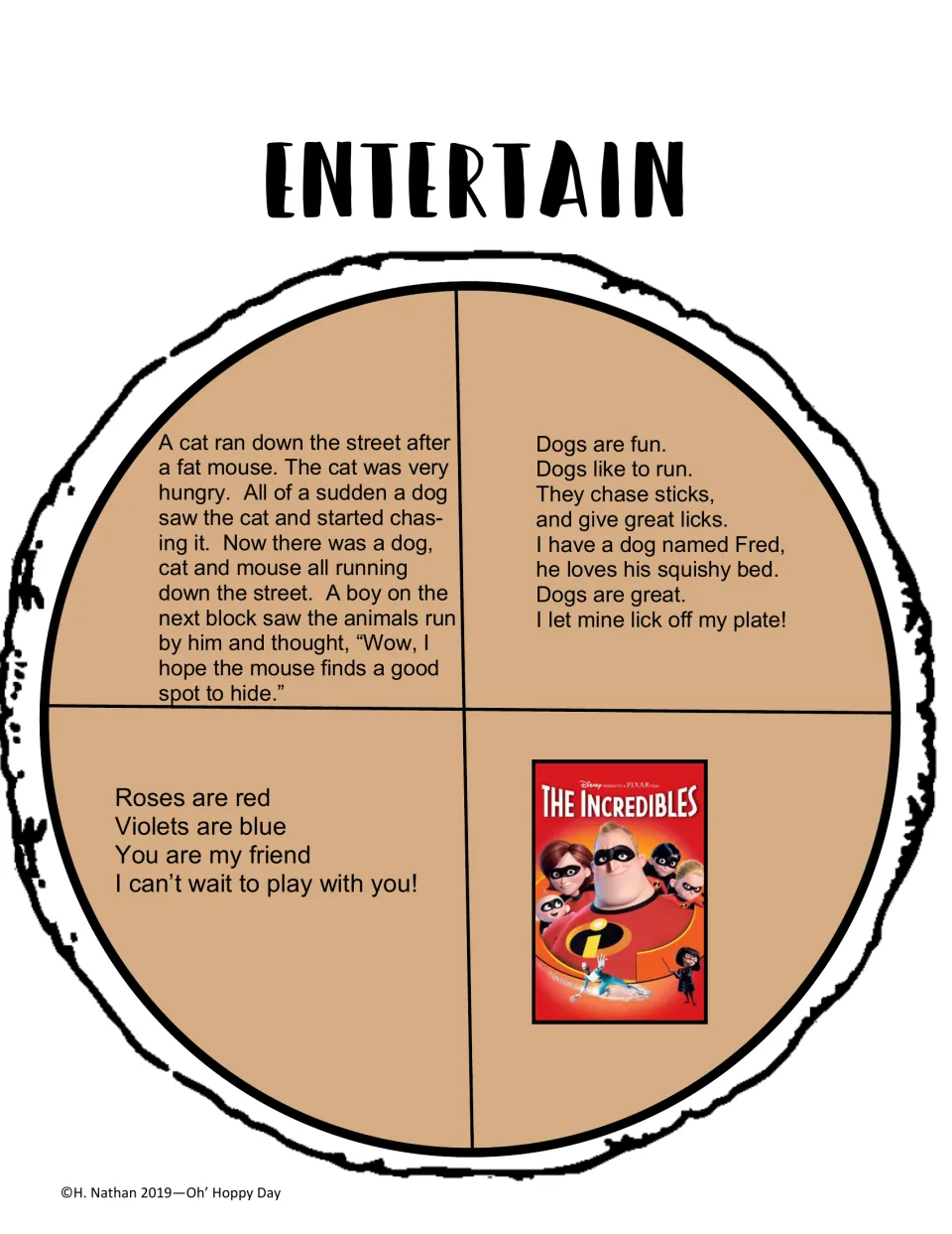 Entertain sorting pie: a cat-and-mouse story, a dog poem, a friendship poem, and The Incredibles movie cover