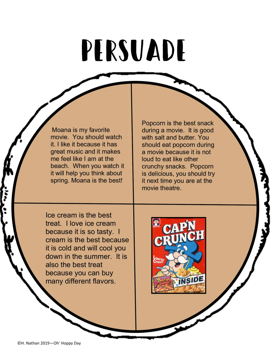 Persuade sorting pie: opinions promoting Moana, popcorn, and ice cream, plus a Cap’n Crunch cereal box
