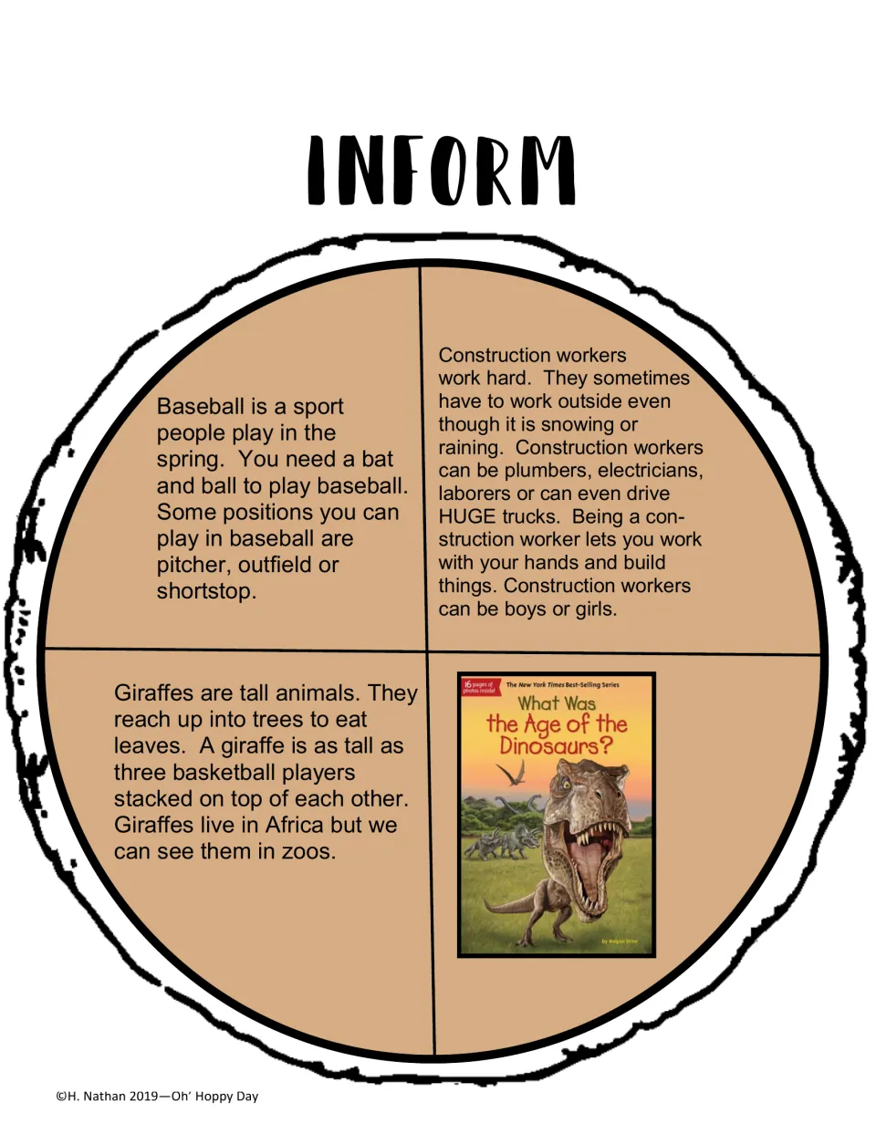 Inform sorting pie: facts about baseball, construction workers, and giraffes, plus a dinosaur book cover