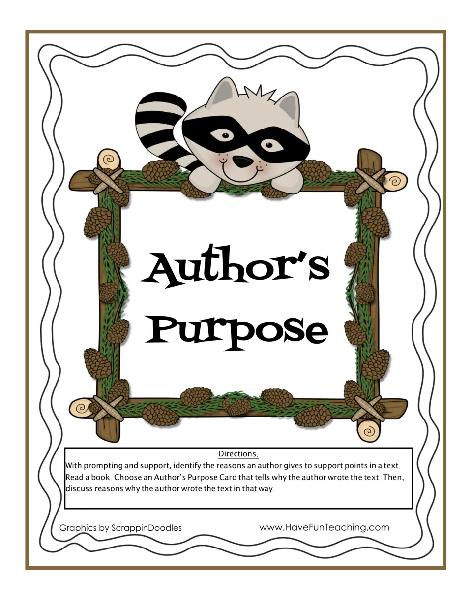Author's Purpose cover with raccoon art and directions: read a book, pick the purpose card that fits, then discuss why