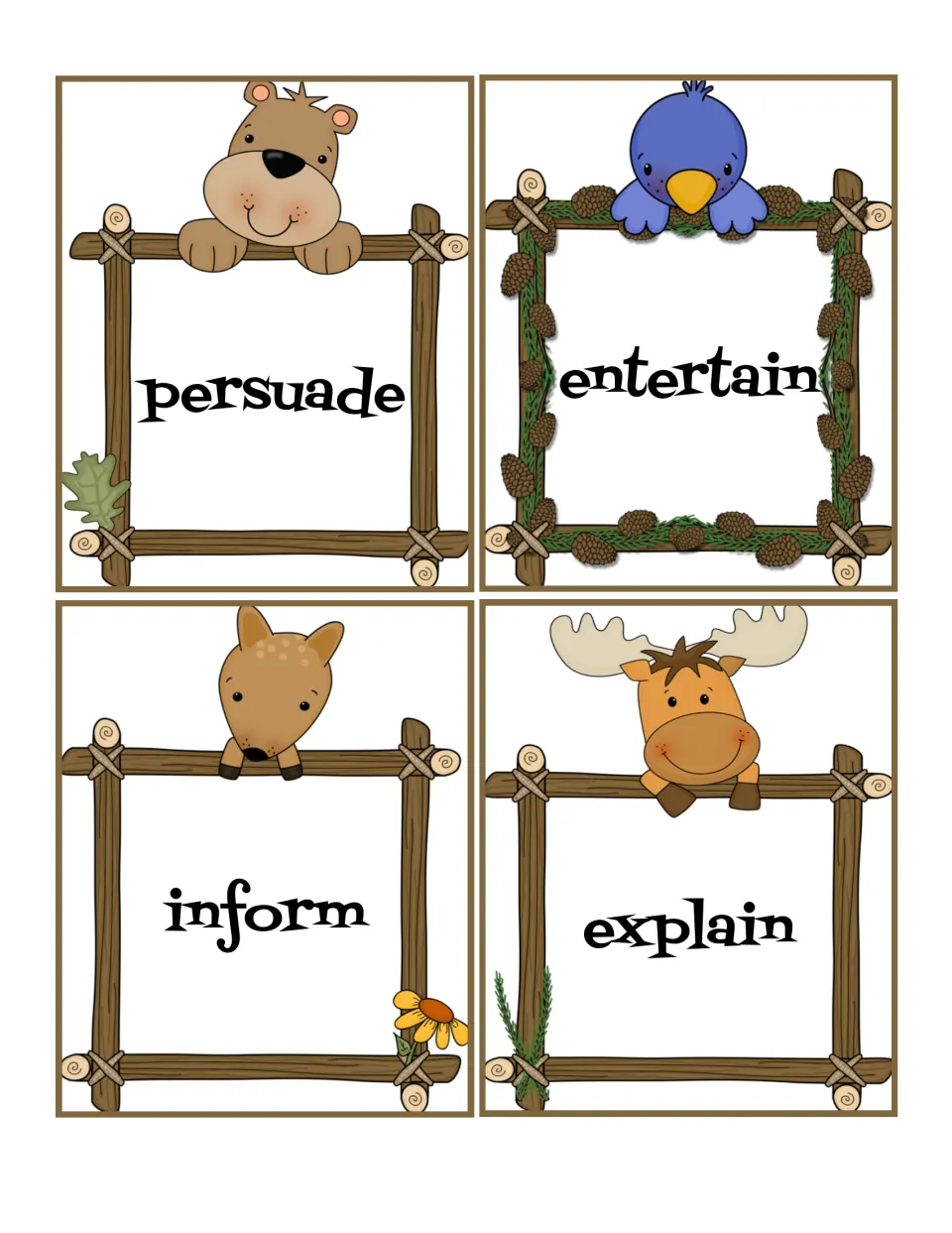 Purpose cards: persuade, entertain, inform and explain, each with a woodland animal, for naming why a text was written
