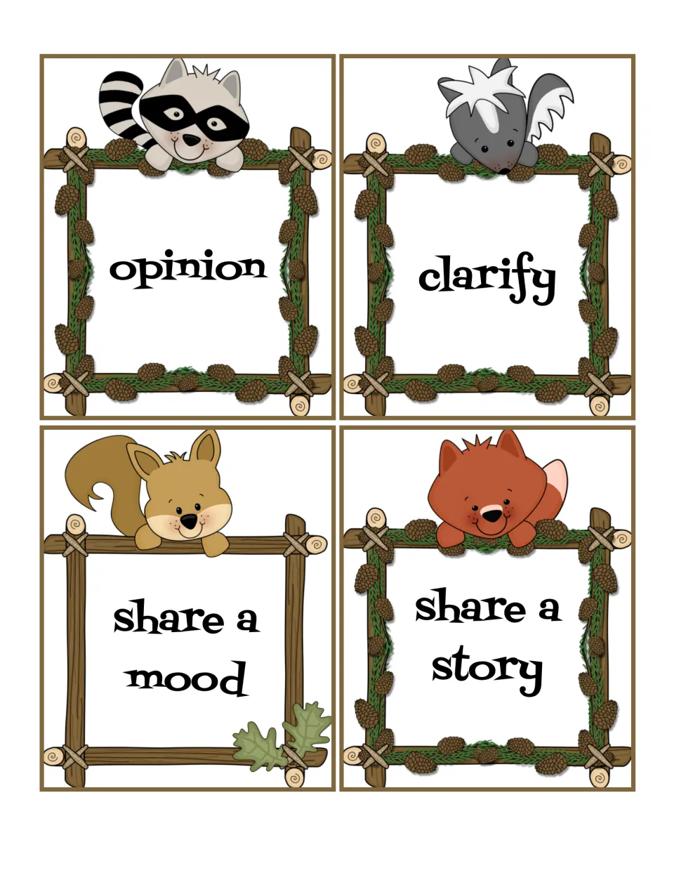 More purpose cards to choose from: opinion, clarify, share a mood and share a story, with raccoon, skunk, squirrel and fox