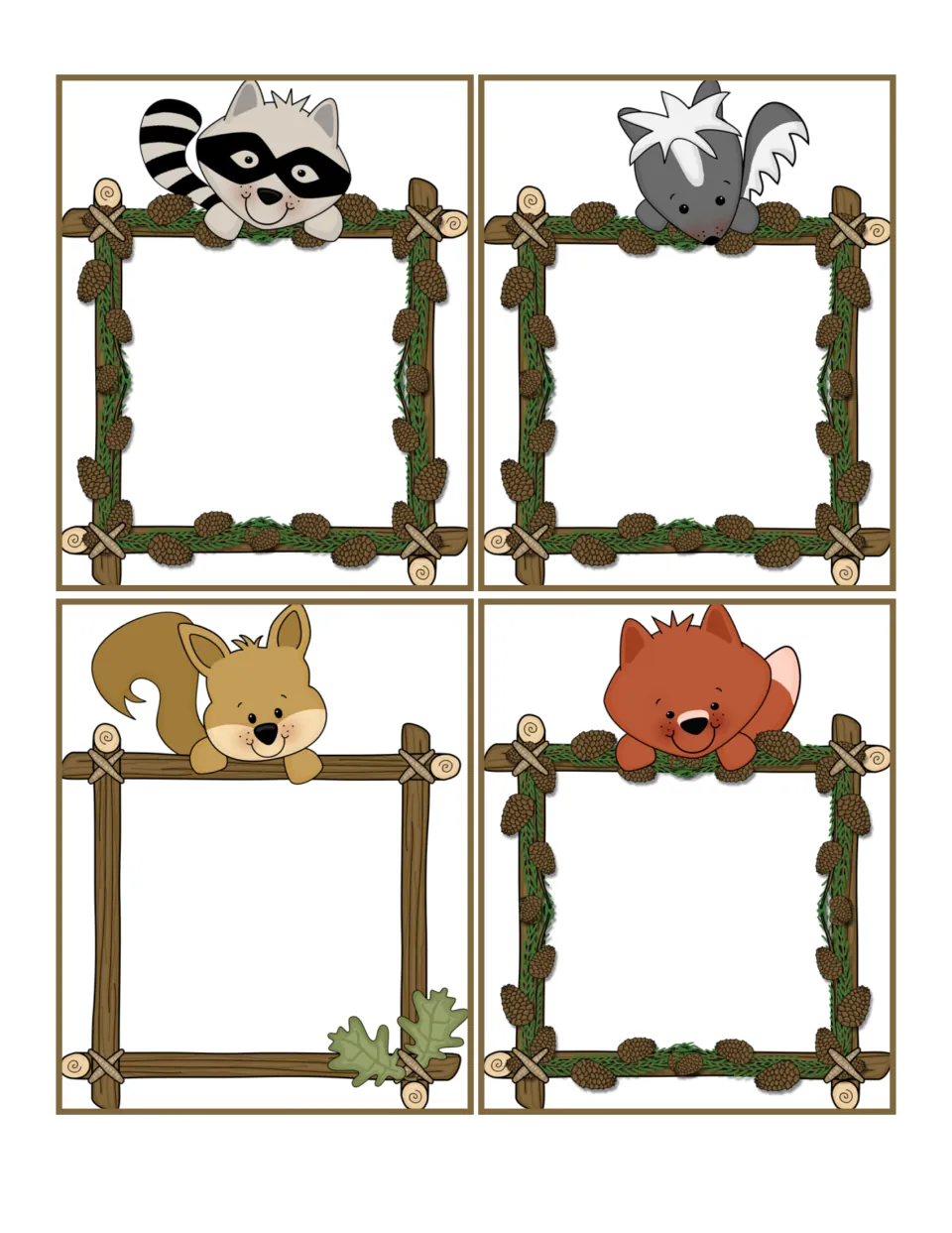 Blank purpose cards with raccoon, skunk, squirrel and fox art, left empty for writing in other author's purposes