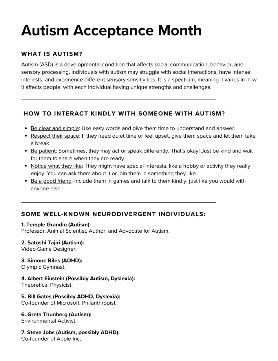 Autism facts: defines autism, lists five ways to interact kindly and names seven well-known neurodivergent individuals