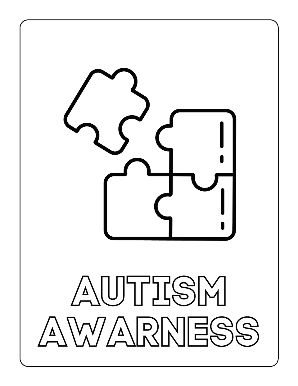 Autism awareness coloring page: students color the bubble-letter words AUTISM AWARENESS beneath four puzzle pieces