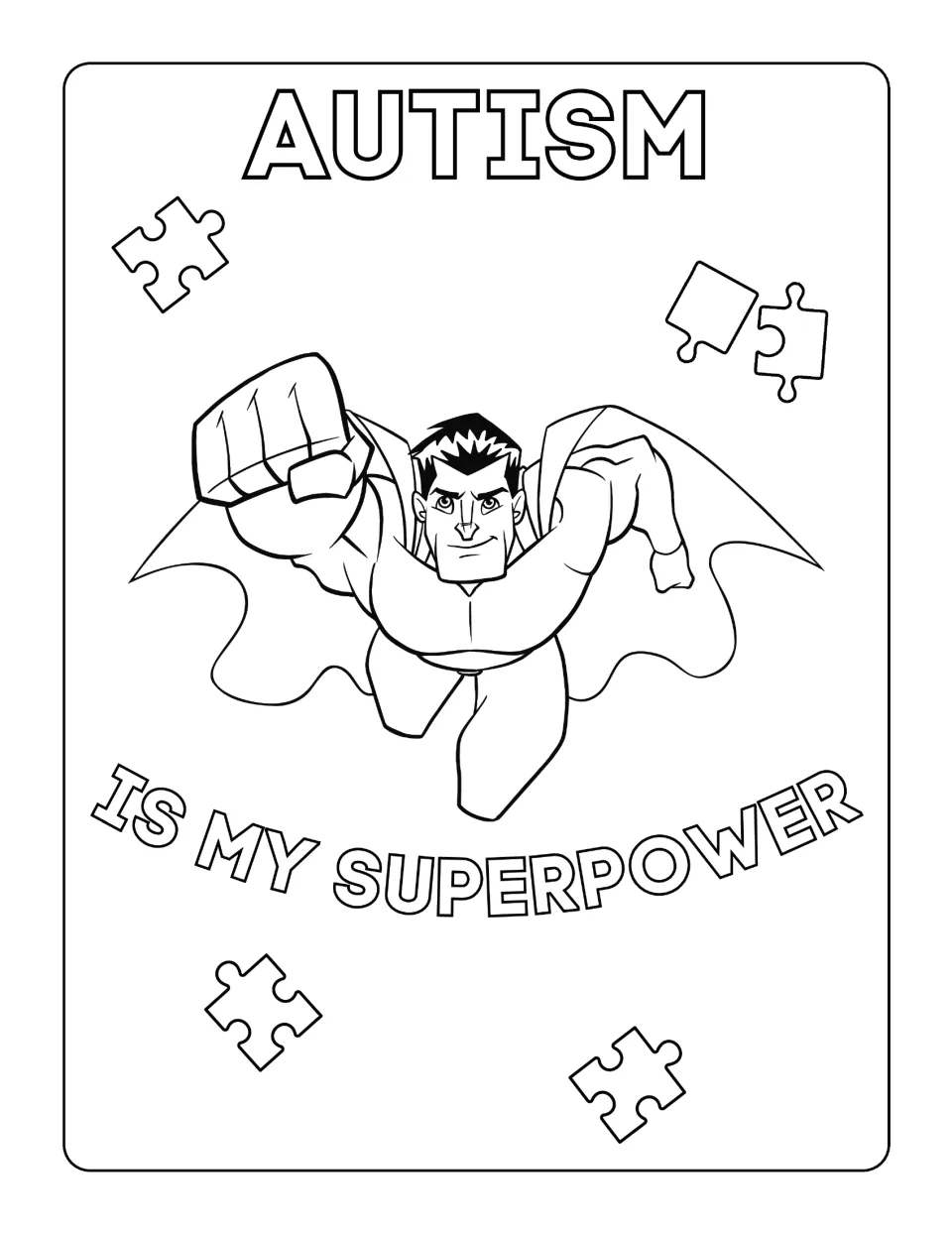 Superhero coloring page: a flying caped hero with puzzle pieces and the words Autism Is My Superpower to color in